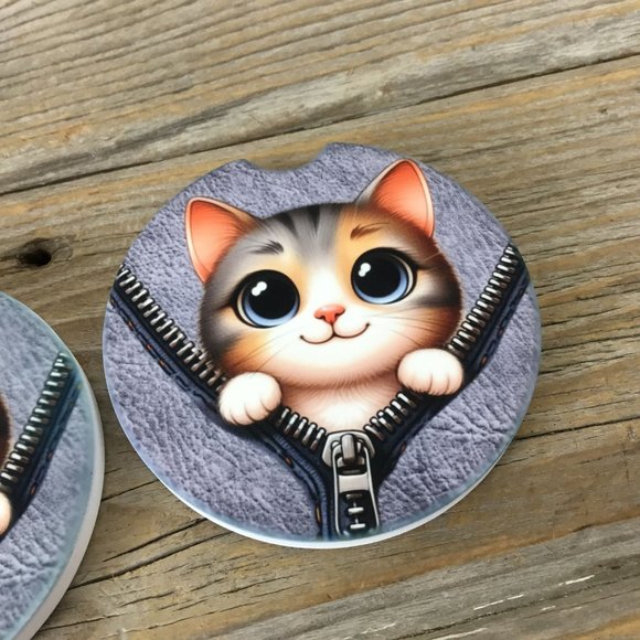 Cat Peek-a-Boo Zipper Car Coasters Set of 2 - Picture 5 of 7